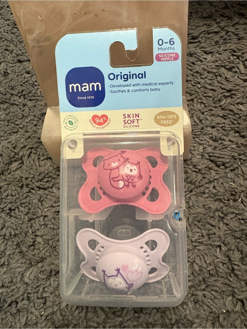 NWT Mam- Original - Silicone Nipple - pink fox with owl & purple owl- 0-6 months